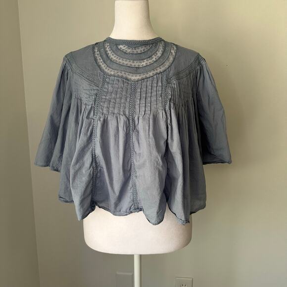 Rebecca Taylor blue short sleeve embroidered peasant top size S - Picture 2 of 11
